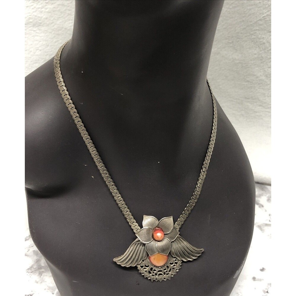 Vintage Style Silver Tone Pendant Necklace Foral Motif Orange Cabochon Stones